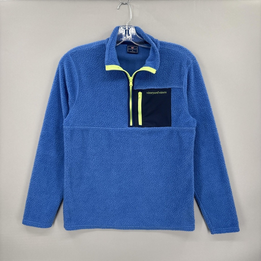 Vineyard Vines Jacket Mens Small Blue Fleece 1/4 Zip Pullover Trim Pocket Retro